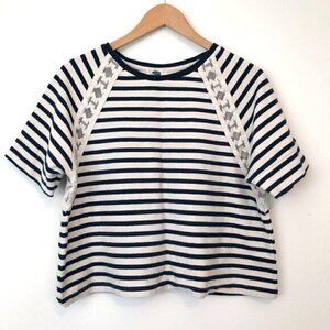 OLD NAVY Navy Blue White Striped Lace Crop 100% Cotton Short Sleeve Top Medium M
